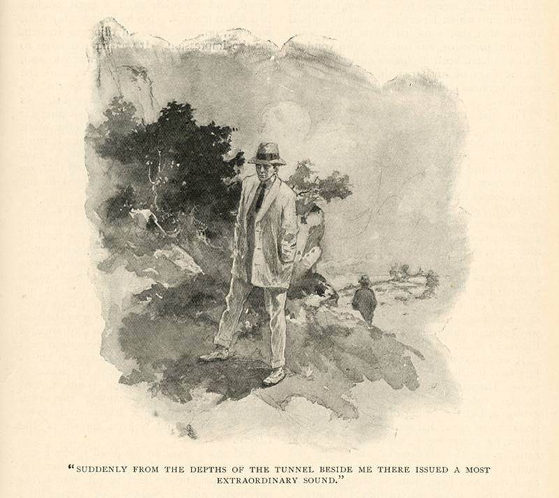 illustration from page 133 of the August 1910 issue of The Strand Magazine showing James Hardcastle hearing the Terror of Blue John Gap